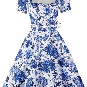 1950s Floral Blue and White Square Neck Dress